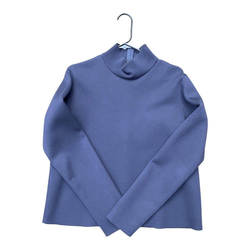 Zara navy mock neck raw edge scuba stretch top